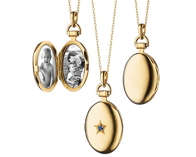 Forged of 18k yellow gold, this petite locket features a blue sapphire set in a star setting, which hangs off a delicate, 17 inch chain. A perfect piece to hold memories close to your heart, Monica Rich Kosann is known for recreating the classic locket into a jewelry piece that can hold your own unique stories. Photos or notes easily slide in from the top edge of the locket.